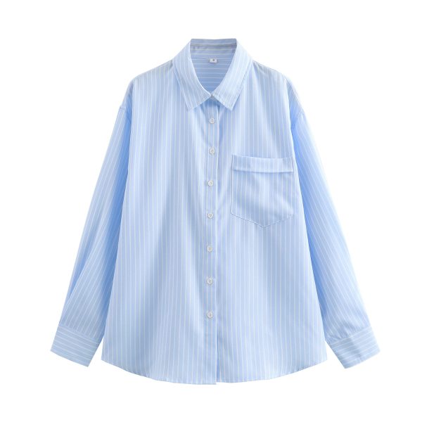 Four-color Striped Single-mouth Pocket Decoration Loose Women's Shirt - Image 5