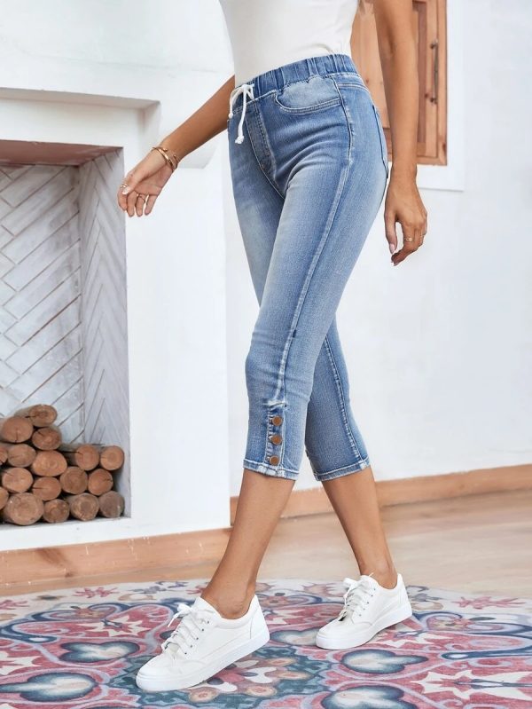 Elastic Waistband Lace-up Stretch Jeans For Women - Image 5