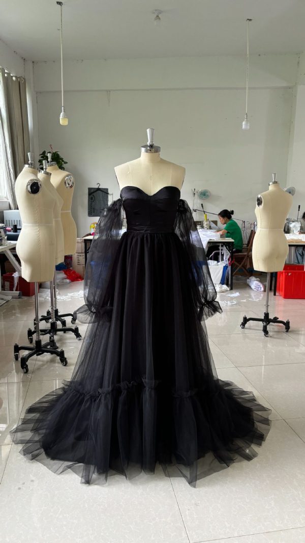 Women's Long Sleeve Transparent Lace Black Wedding Dress - Image 6
