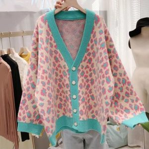 Sweater Coat Plus Size Leopard Print Women's Mid-length