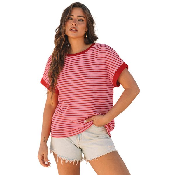 Women's Loose Striped Knitted Short-sleeved T-shirt - Image 5