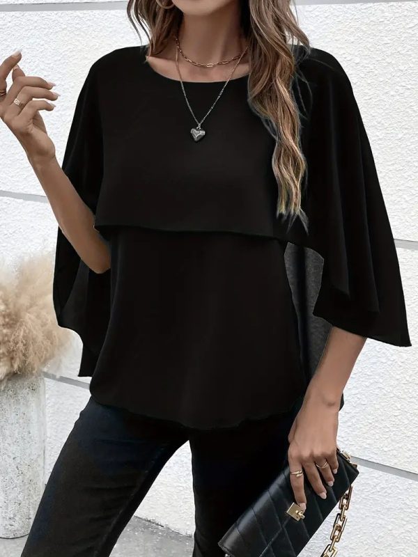 Women's All-match Round Neck Solid Color Layered Cape Sleeve Chiffon Shirt - Image 7
