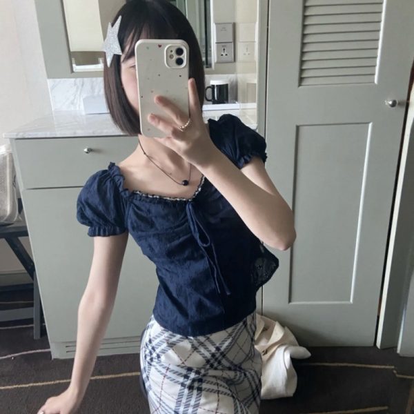 V-neck Lace Puff Sleeve Niche Shirt Short Sleeve - Image 3