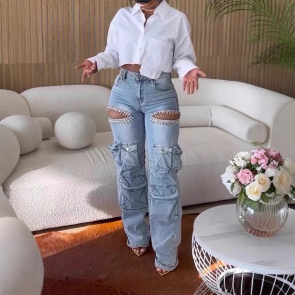 Women's Hollow-out Diamond Decorations Workwear Multi-pocket Stretch Jeans - Image 3