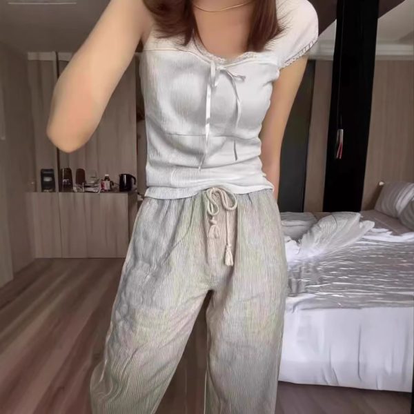American Vintage Stripe Tied Elastic Waist Sports Pants - Image 2