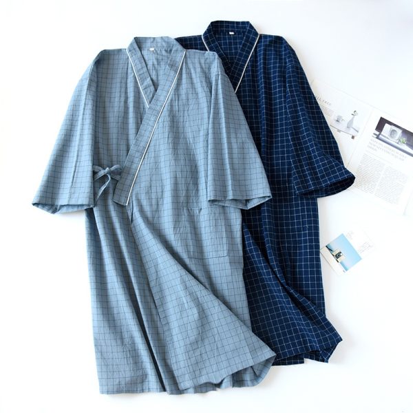Spring And Summer Japanese Men's Kimono Nightgown Bathrobe Washed Cotton Gauze - Image 3