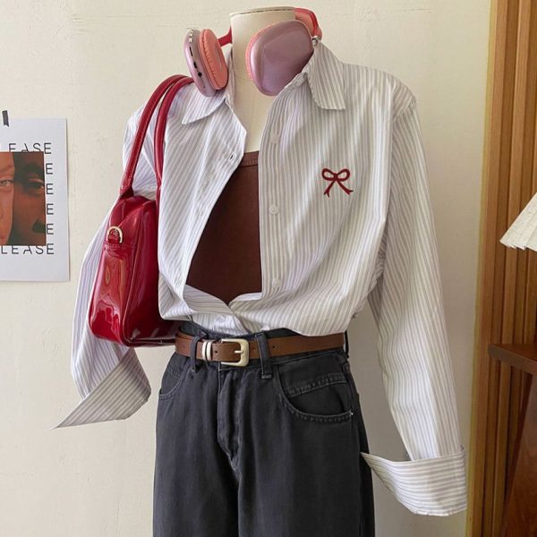 Women's Korean-style Embroidered Long-sleeved Shirt With Bow - Image 2