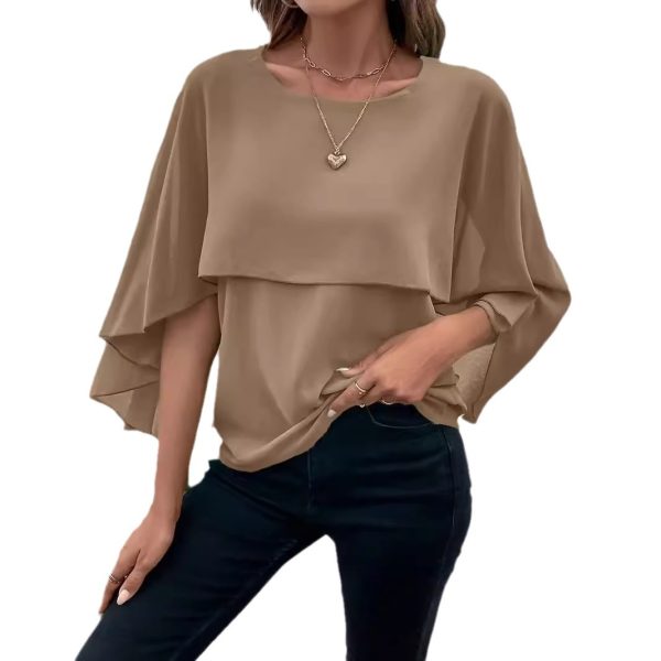 Women's All-match Round Neck Solid Color Layered Cape Sleeve Chiffon Shirt - Image 5