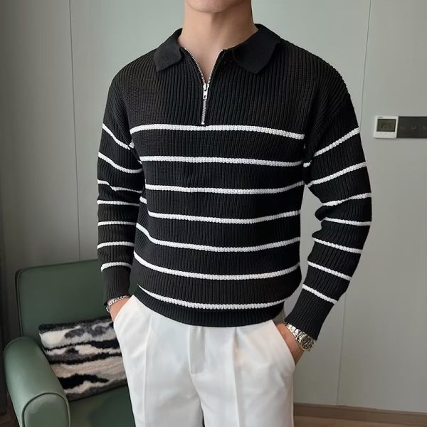 Design Half Zipper Striped Sweater For Men - Image 2