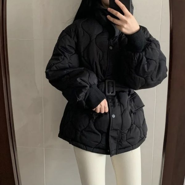 Women's Stand-up Collar Tie Long Sleeve Cotton Coat - Image 4