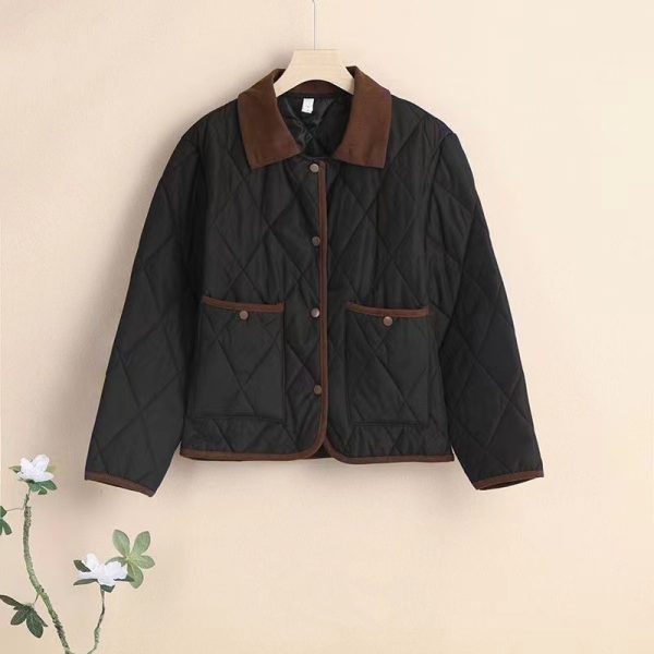 Classic Style Hit Color Diamond Lattice Lapel Cotton-padded Jacket - Image 3
