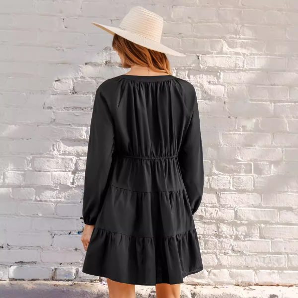 Black V-neck Long Sleeve Ruffled Hem Mini Dress - Image 5
