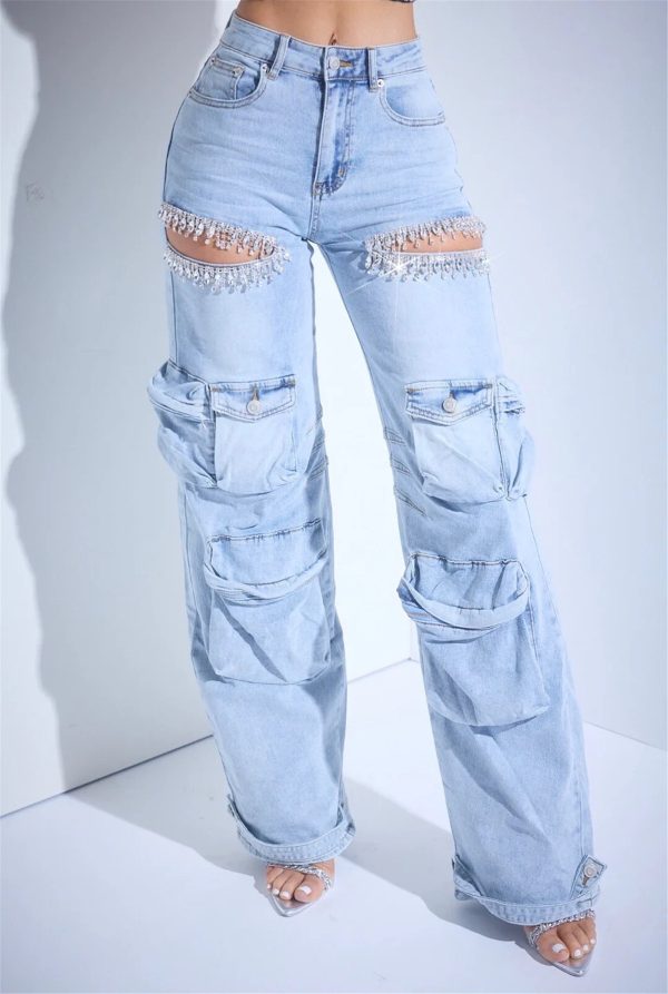 Women's Hollow-out Diamond Decorations Workwear Multi-pocket Stretch Jeans - Image 8