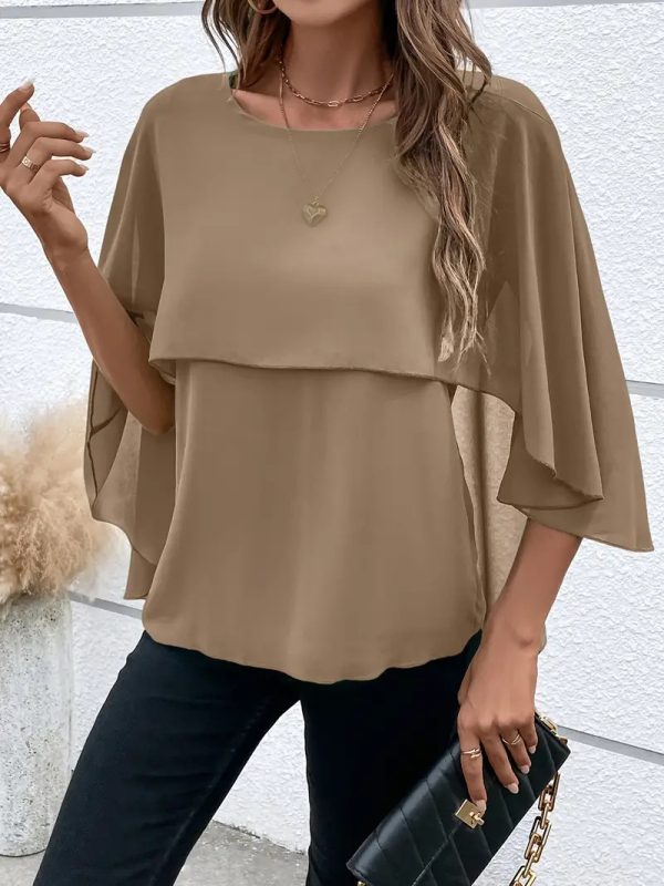 Women's All-match Round Neck Solid Color Layered Cape Sleeve Chiffon Shirt - Image 9