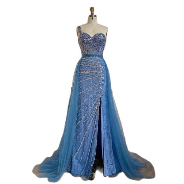 Blue Handmade Beaded Split Shoulder Fishtail Dress - Image 5