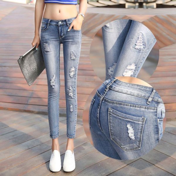 Cropped Jeans Women's Skinny Stretch Tight Ripped Pencil Pants - Image 7