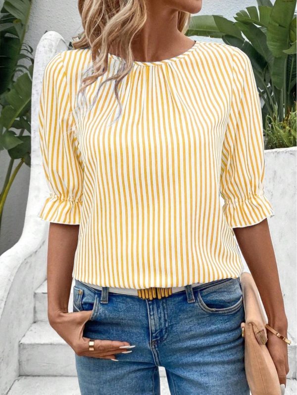 European And American Fashion Blue Striped Button Design Shirt Top - Image 7