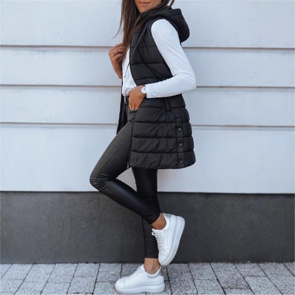 Solid Color Hooded Quilted Zipper Cotton Vest Coat - Image 3
