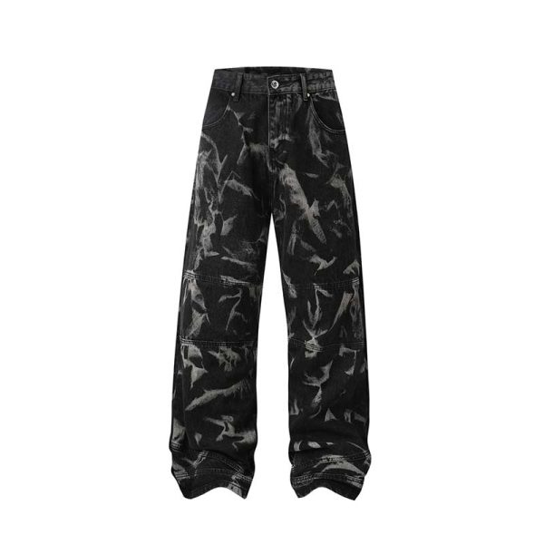 Street Fashion Hip Hop Inkjet Washed Distressed Stitching Straight Jeans - Image 6