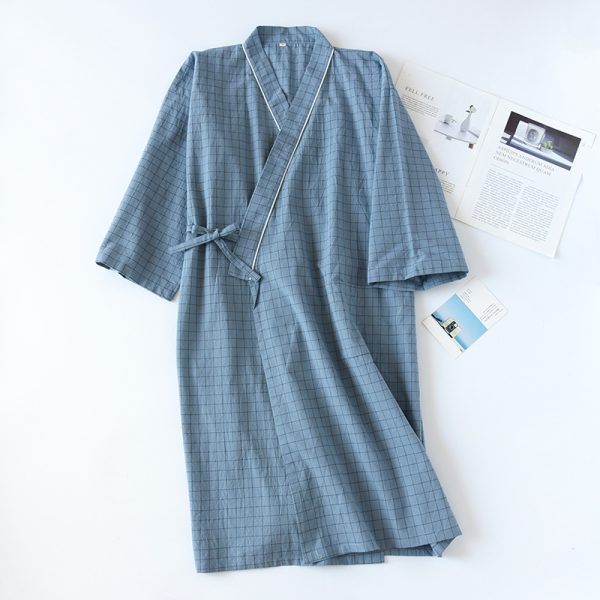 Spring And Summer Japanese Men's Kimono Nightgown Bathrobe Washed Cotton Gauze - Image 9