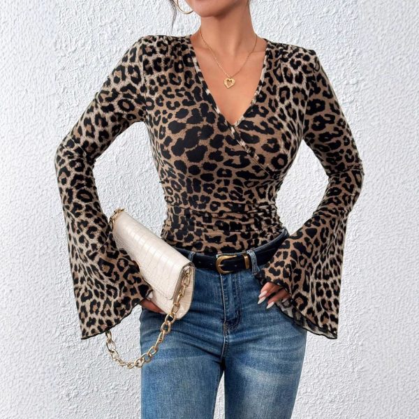Leopard Layered V-neck Flared Sleeves Slim-fit Sexy Knitted Top - Image 4