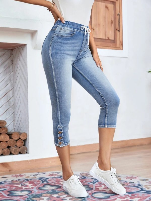 Elastic Waistband Lace-up Stretch Jeans For Women - Image 6
