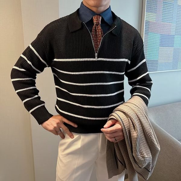 Design Half Zipper Striped Sweater For Men - Image 4