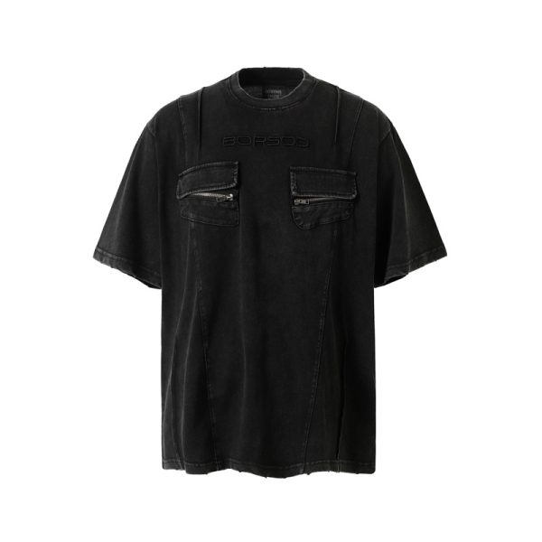 High Street Retro Workwear Zipper Pocket Decoration Washed Distressed Short Sleeve - Image 5