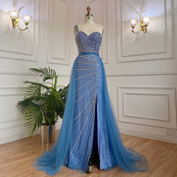 Blue Handmade Beaded Split Shoulder Fishtail Dress - Image 3