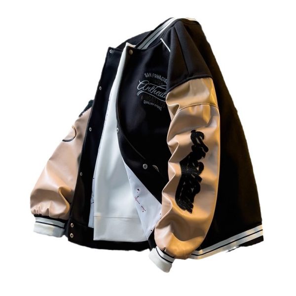 Contrast Color American Embroidery Leather Sleeve Coat - Image 5