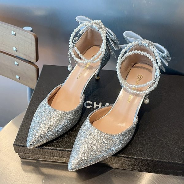 Pointed Toe Shallow Mouth Black Paillette Bow High Heels For Women - Image 8