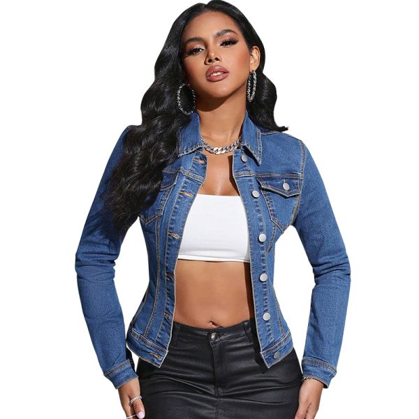 Long Sleeve Lapel Pocket Denim Jacket - Image 5