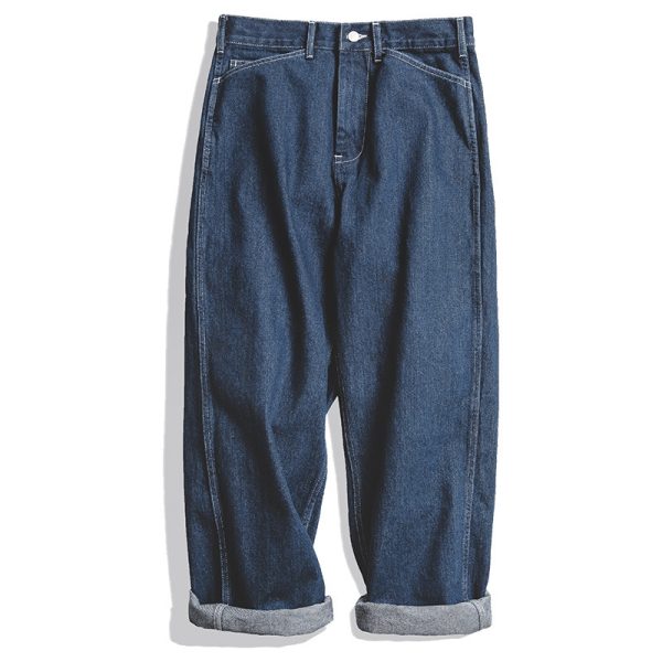 Men's Retro Dark Blue Loose Straight-leg Denim Trousers - Image 6