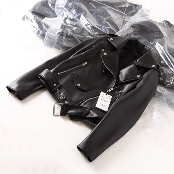 Women's Black PU Leather Zip Jacket - Image 2