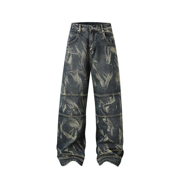 Street Fashion Hip Hop Inkjet Washed Distressed Stitching Straight Jeans - Image 2