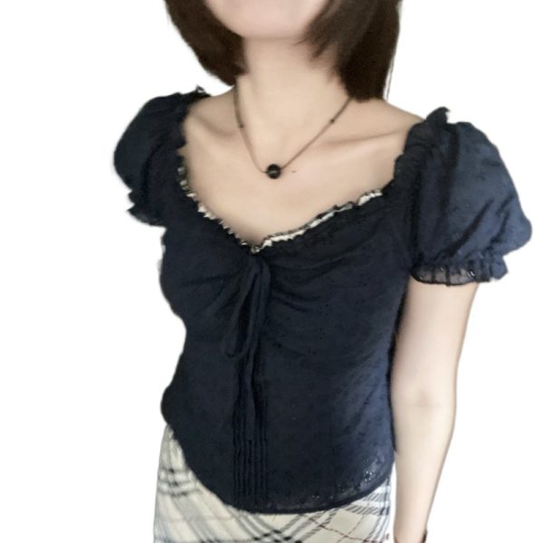 V-neck Lace Puff Sleeve Niche Shirt Short Sleeve - Image 5