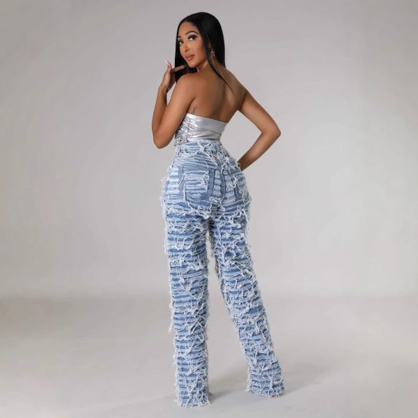 Women's High Waist Edging Ripped Tassel Loose Denim Straight-leg Pants - Image 3