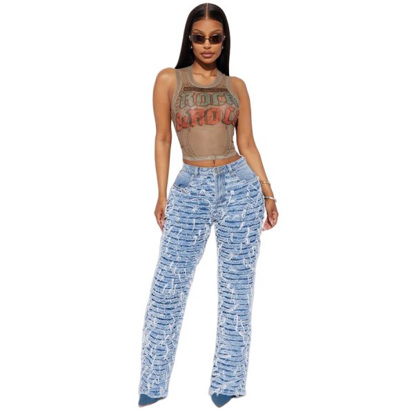 Women's High Waist Edging Ripped Tassel Loose Denim Straight-leg Pants - Image 5