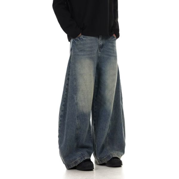 Men's American Retro Washed Design Wide Leg Loose Jeans - Image 3