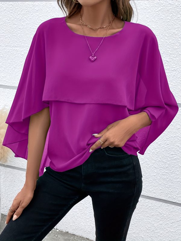 Women's All-match Round Neck Solid Color Layered Cape Sleeve Chiffon Shirt - Image 10