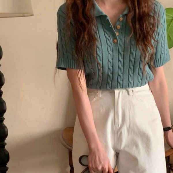 Niche Temperament Polo Collar Hemp Pattern Design Loose Leisure All-matching Short Sleeve - Image 5