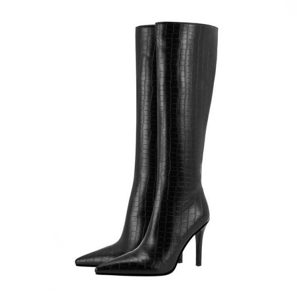 Plaid Solid Color Zipper Pointed Stiletto Heel Boots - Image 5