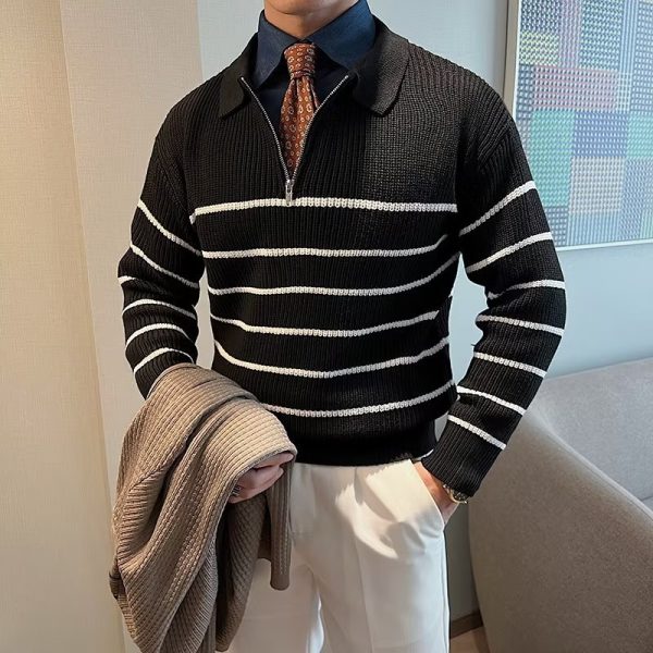 Design Half Zipper Striped Sweater For Men - Image 5
