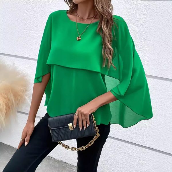 Women's All-match Round Neck Solid Color Layered Cape Sleeve Chiffon Shirt - Image 3
