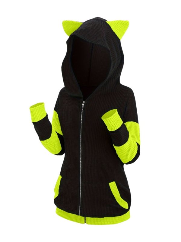 Women's Thickened Cat Ear Zipper Color Stitching Hoodie - Image 10