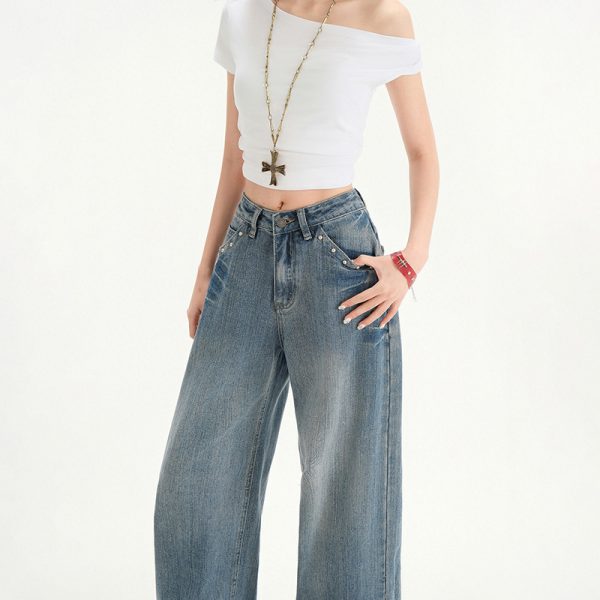 Retro High Waist Stud Design Jeans - Image 4