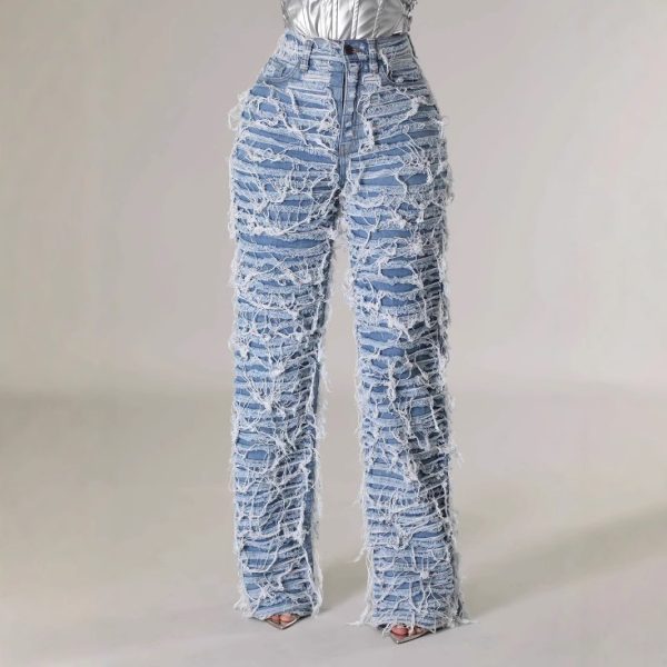 Women's High Waist Edging Ripped Tassel Loose Denim Straight-leg Pants - Image 4