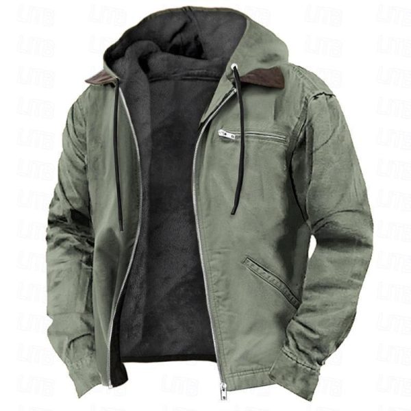 Solid Color Hooded Casual Men's Fleece Zipper Pocket Jacket Coat - Image 4