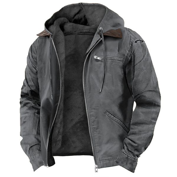 Solid Color Hooded Casual Men's Fleece Zipper Pocket Jacket Coat - Image 3