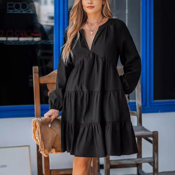 Black V-neck Long Sleeve Ruffled Hem Mini Dress - Image 3